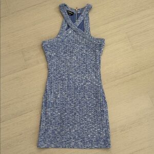Bebe Blue Knit Mini Dress w/ cross cross front. Dress is EUC Size M